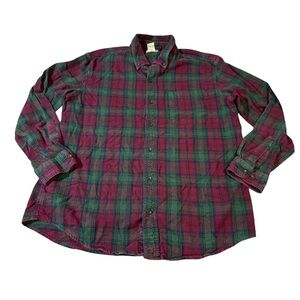 L.L. Bean Green Red Casual Button Down Shirt Size Large Men‎ 100% Cotton